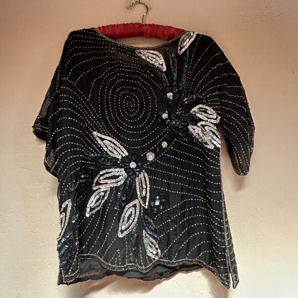 Jasmine by KVM California Womens Pure Silk Beaded Sequins Top Black Small Casual - Picture 1 of 8